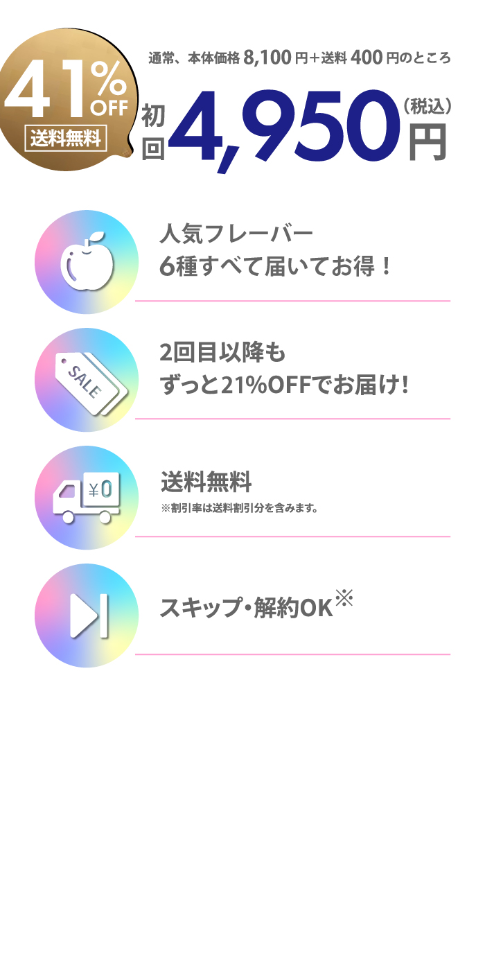 ご継続回数の縛りなし、初回半額、回数縛りなし、変更可能、液漏れ保証付き